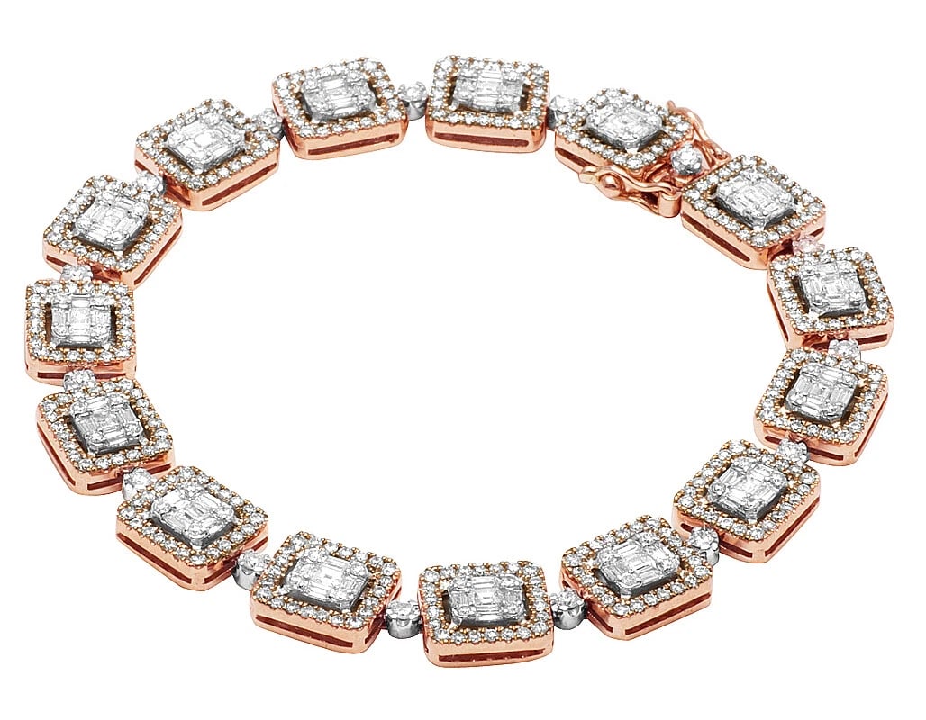 BAGUETTE CLUSTER HALO DIAMOND MARINER LINK BRACELET GOLD: Baguette Cluster Halo Diamond Mariner Link Bracelet Gold Brand: None Type: Bracelet Material: 10k Rose Gold, Main Stone/Creation Natural Color: Rose Gold Size: Length 8" Width 10.0mm Accessories: