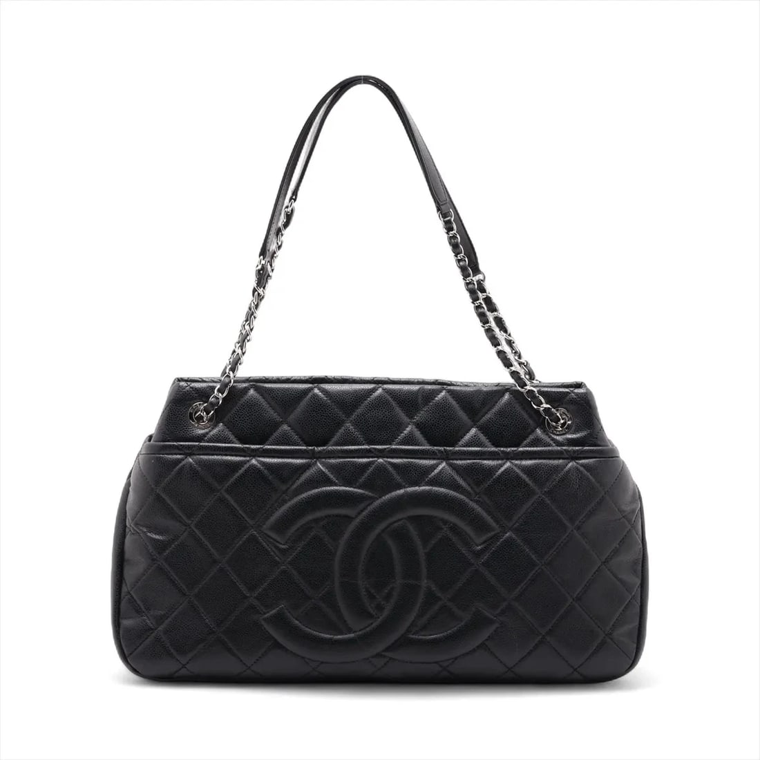 CHANEL MATELASSE CAVIAR SKIN CHAIN TOTE BAG BLACK: Chanel Matelasse Caviar Skin Chain Tote Bag Black Brand: Chanel Type: Tote bag Material: Caviar Skin Color: Black Size: Height:9.3inch Length:16.9inch Depth:3.3inch Handle height:9.8inch Accessori