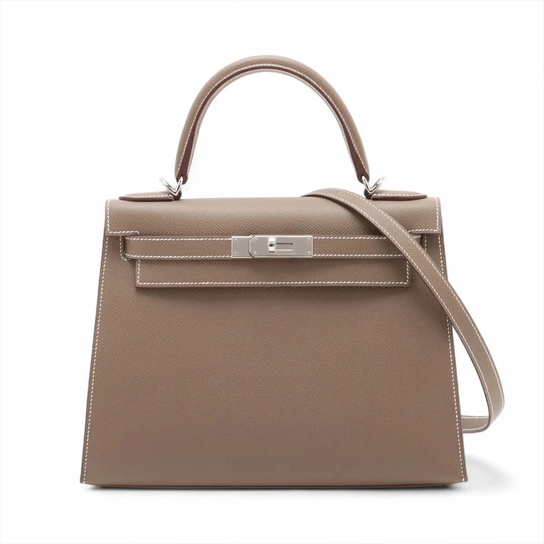 HERMES KELLY 28 SERIE VEAU EPSOM ETOUPE SILVER: Hermes Kelly 28 Serie Veau Epsom Etoupe Silver Brand: Hermès Type: Hand bag Material: Veau Epsom Color: Etoupe Size: Height:8.3inch Length:11.4inch Depth:4.7inch Handle height:3.7inch Accessories: