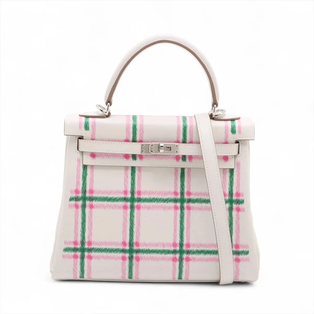 HERMES KELLY 25 LE TOURNAY TARTAN LIGHT VEAU SWIFT: Hermes Kelly 25 Le Tournay tartan light Veau Swift Brand: Hermès Type: Hand bag Material: Veau Swift Color: Gripère x Rouge Moyane x Bubble Gum Size: Height:7.1inch Length:9.3inch Depth:3.9inch Hand