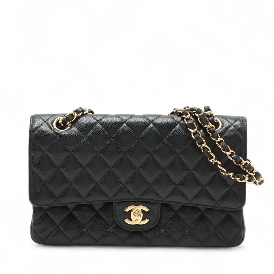 CHANEL MATELASSE 25 GRAINED CALFSKIN DOUBLE FLAP DOUBLE CHAIN BAG: Chanel Matelasse 25 Grained Calfskin Double Flap Double Chain Bag Brand: Chanel Type: Shoulder bag Material: Caviar Skin Color: Black Size: Height:5.9inchLength:9.8inchDepth:2.4inch Accessories: None