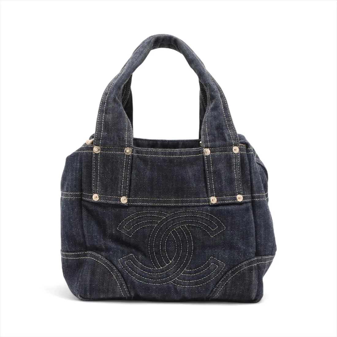 CHANEL COCO MARK DENIM TOTE BAG NAVY BLUE GOLD METAL: Chanel Coco Mark Denim Tote bag Navy Blue Gold Metal Brand: Chanel Type: Tote bag Material: Denim Color: Navy Blue Size: Height:7.9inch Length:8.3inch Depth:6.1inch Handle height:5.9inch Accessori