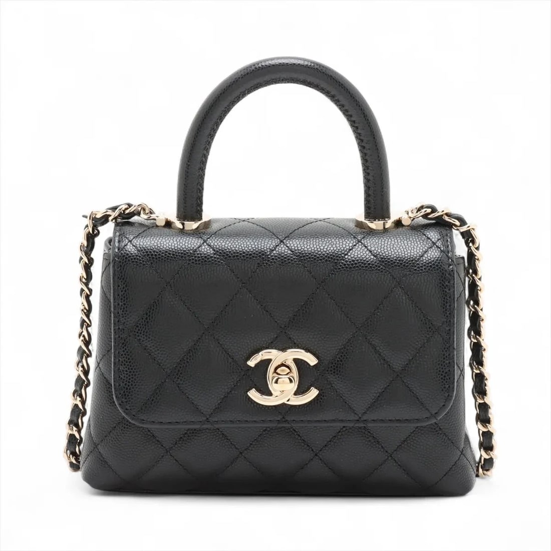CHANEL COCO HANDLE MINI-MINI GRAINED CALFSKIN CHAIN SHOULDER BAG: Chanel Coco Handle Mini-mini Grained Calfskin Chain Shoulder Bag Brand: Chanel Type: Shoulder bag Material: Caviar Skin Color: Black Size: Height:4.3inch Length:6.3inch Depth:1.8inch Handle height:2.0