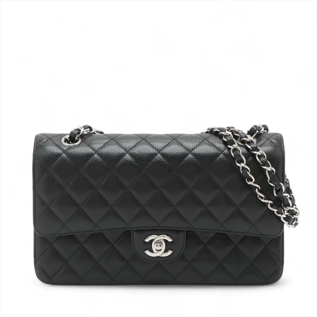 CHANEL MATELASSE 25 GRAINED CALFSKIN DOUBLE FLAP DOUBLE CHAIN BAG: Chanel Matelasse 25 Grained Calfskin Double Flap Double Chain Bag Brand: Chanel Type: Shoulder bag Material: Caviar Skin Color: Black Size: Height:6.1inchLength:10.0inchDepth:2.6inch Accessories: