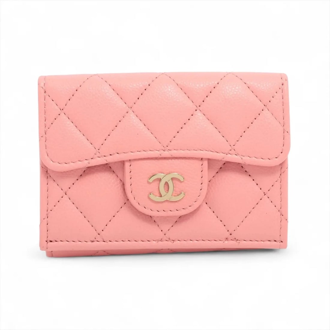 CHANEL MATELASSE CAVIAR SKIN COMPACT WALLET PINK GOLD METAL: Chanel Matelasse Caviar Skin Compact Wallet Pink Gold Metal Brand: Chanel Type: Compact Wallet Material: Caviar Skin Color: Pink Size: Height:3.0inchLength:4.1inchDepth:1.4inch Accessories: None <