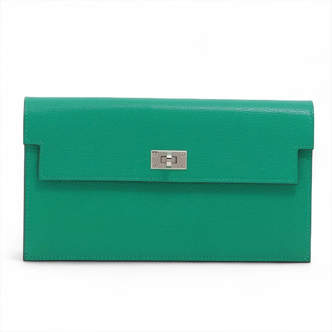 HERMES KELLY POCKET LONG CHÈVRE MYSORE LONG WALLET: Hermes Kelly pocket Long Chèvre Mysore Long Wallet Brand: Hermès Type: Long Wallet Material: Chèvre Mysore Color: Vale Jade Size: Height:4.5inchLength:7.9inchDepth:1.0inch Accessories: None