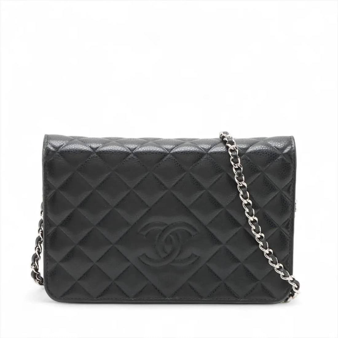 CHANEL MATELASSE CAVIAR SKIN CHAIN WALLET BLACK SILVER: Chanel Matelasse Caviar Skin Chain Wallet Black Silver Brand: Chanel Type: Shoulder bag Material: Caviar Skin Color: Black Size: Height:4.9inchLength:7.5inchDepth:1.6inch Accessories: None