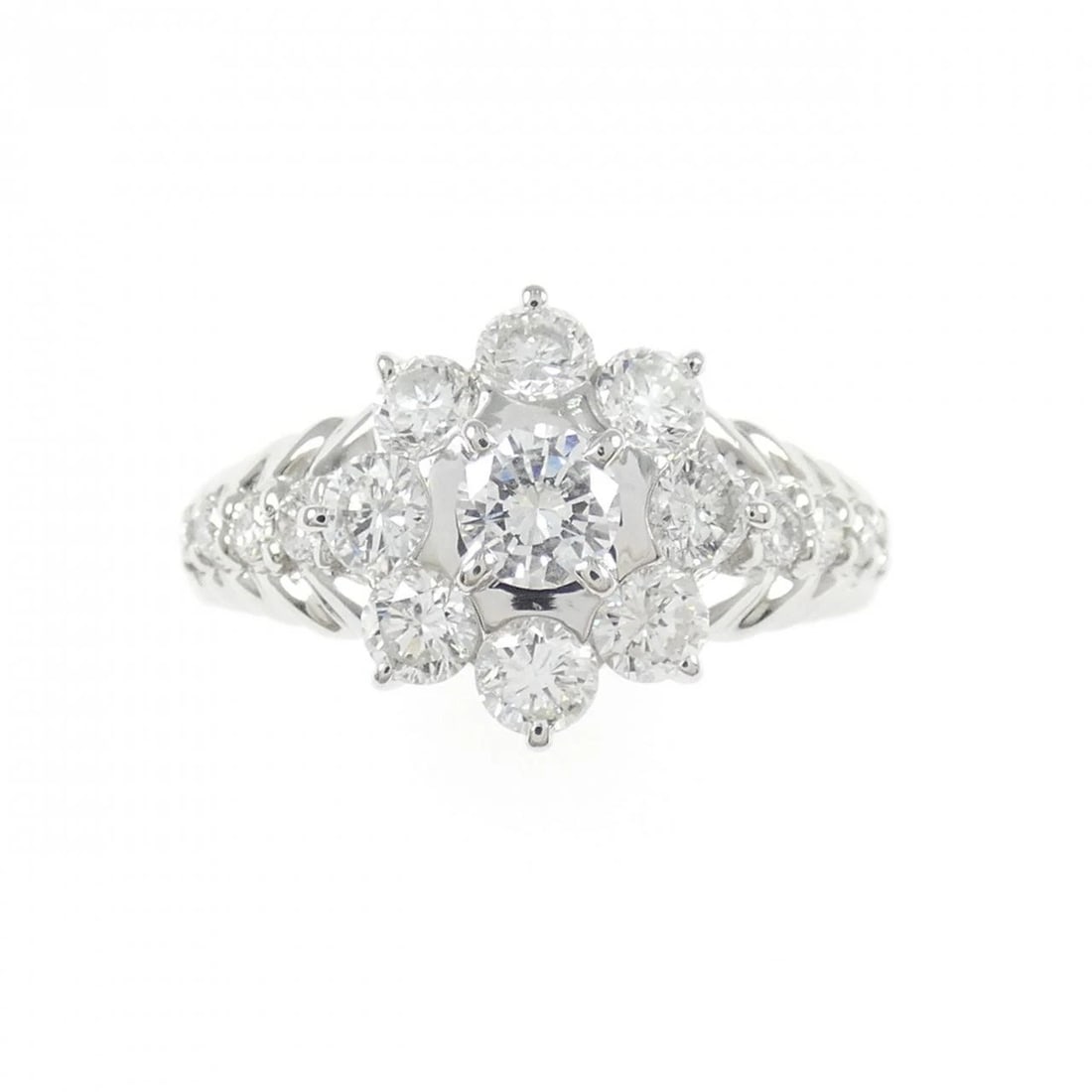 PT900 FLOWER DIAMOND RING: PT900 Flower Diamond Ring Brand: Unbranded Type: Diamond Ring Material: PT900, Main Stone/Creation Natural Color: Silver Size: US5 3/4 Accessories: None Accessories Notice: When purchasing