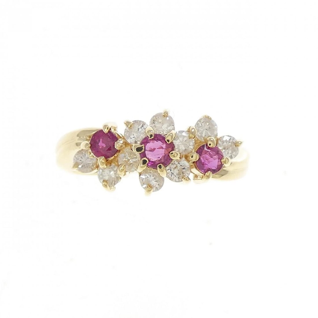K18YG FLOWER RUBY RING: K18YG Flower Ruby Ring Brand: Unbranded Type: Ruby Ring Material: K18YG, Main Stone/Creation RubySecondary Stone Diamond Color: Yellow gold Size: US5 Accessories: None Accessories Notice: When