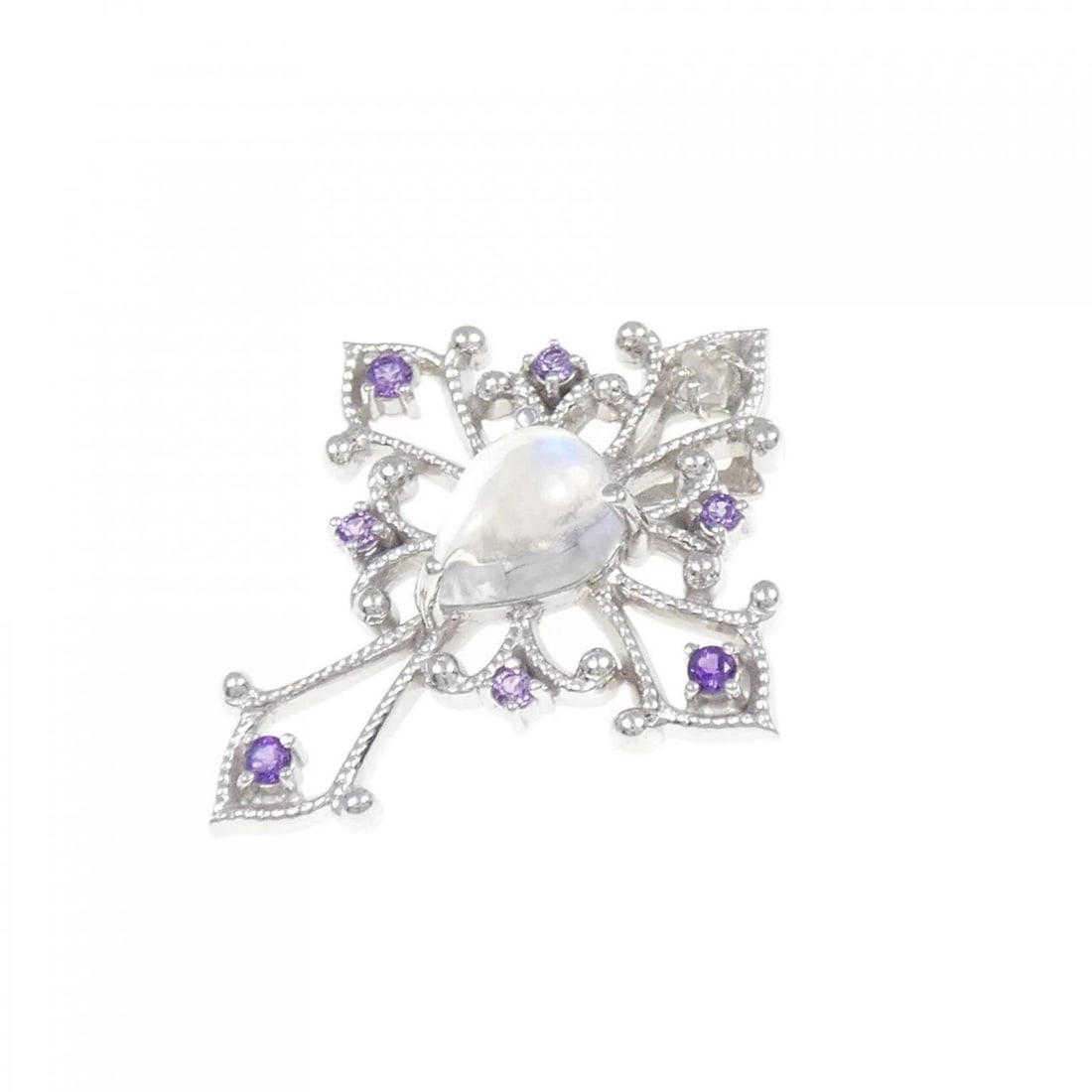 K18WG CROSS COLOR STONE PENDANT: K18WG Cross Color Stone Pendant Brand: Unbranded Type: Moonstone Pendant/Brooch Material: K18WG, Main Stone/Creation Moonstone Secondary Stone Diamond/Amethyst Color: White gold Size: Actual Size