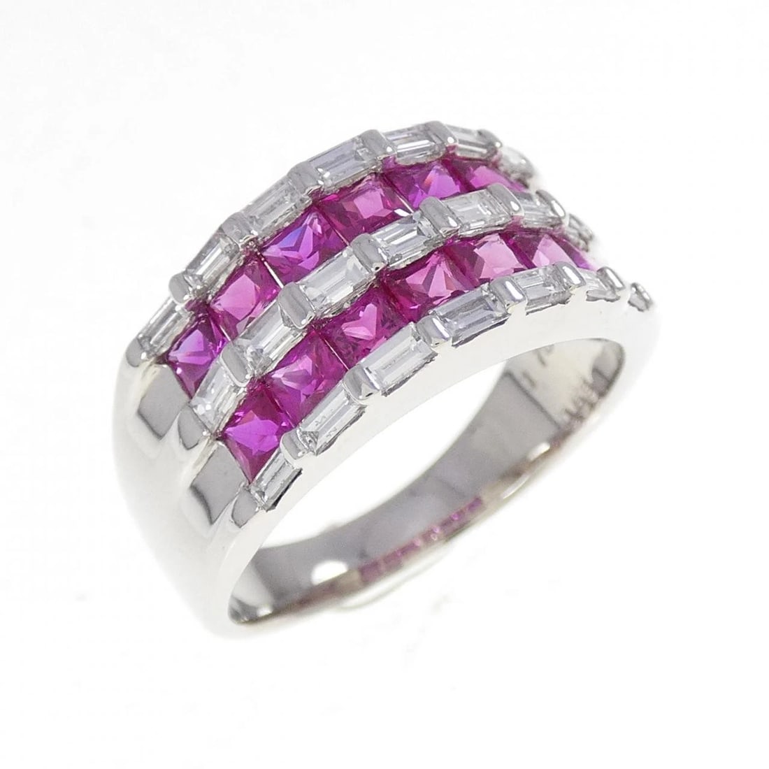 PT900 RUBY RING: PT900 Ruby Ring Brand: Unbranded Type: Ruby ring Material: PT900, Main Stone/Creation Ruby Secondary Stone Diamond Color: silver Size: US7 3/4 Accessories: None Accessories Notice: When purchasing