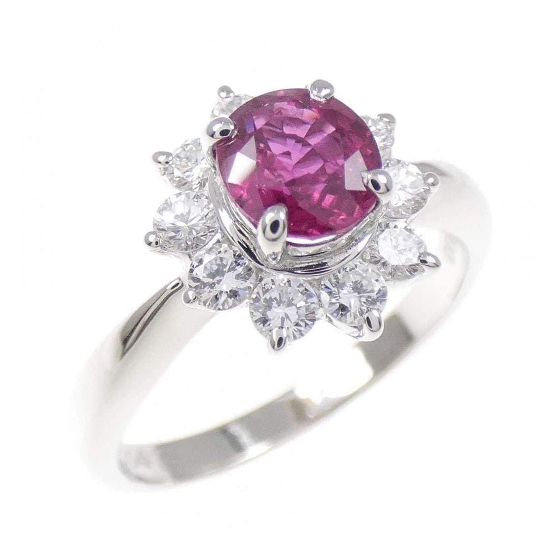 PT900 RUBY RING: PT900 Ruby Ring Brand: Unbranded Type: Ruby Ring Material: PT900, Main Stone/Creation RubySecondary Stone Diamond Color: silver Size: US6 1/4 Accessories: None Accessories Notice: When purchasing