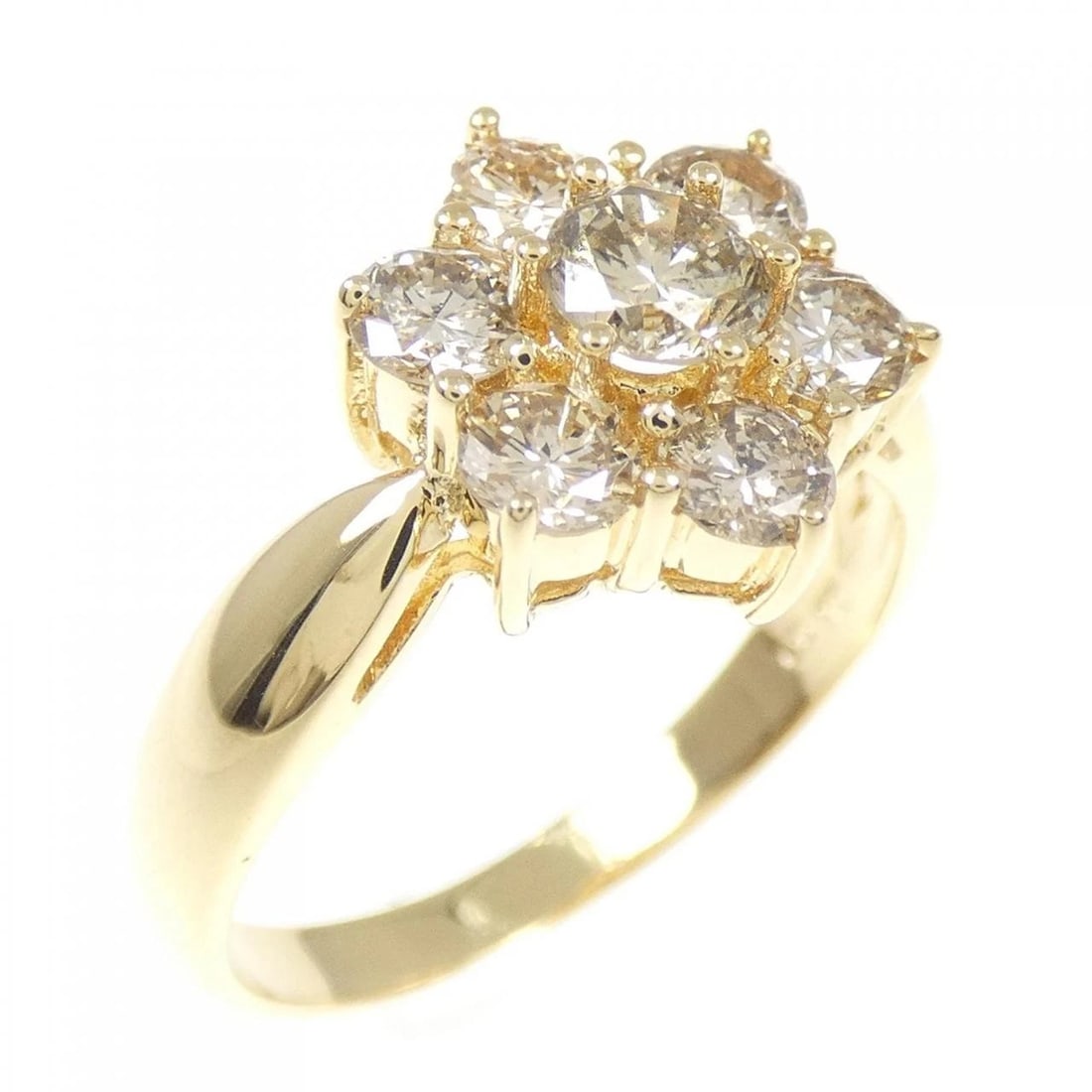 K18YG FLOWER DIAMOND RING: K18YG Flower Diamond Ring Brand: Unbranded Type: Diamond Ring Material: K18YG, Main Stone/Creation Natural Color: Yellow gold Size: US6 Accessories: None Accessories Notice: When purchasing pre-owned