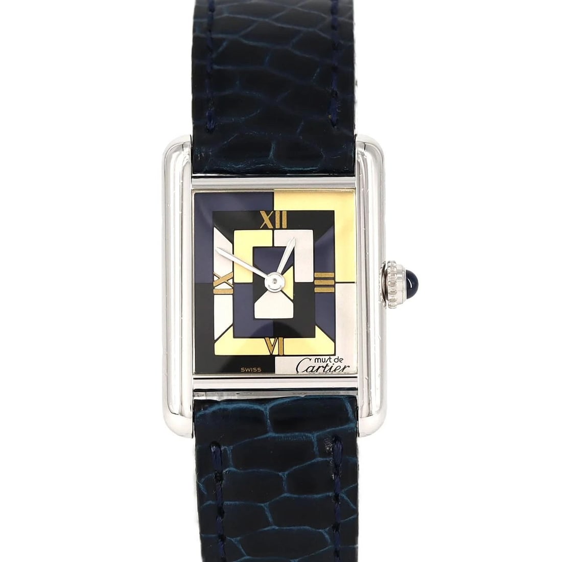 CARTIER MUST TANK SILVER QUARTZ WATCH: Cartier Must Tank Silver Quartz Watch Brand: CARTIER Type: Wrist watch Material: Case: Silver Bracelet: Strap Color: Dial Color: Art Deco motif Band color: Black Size: Case diameter: 20.5 x 28