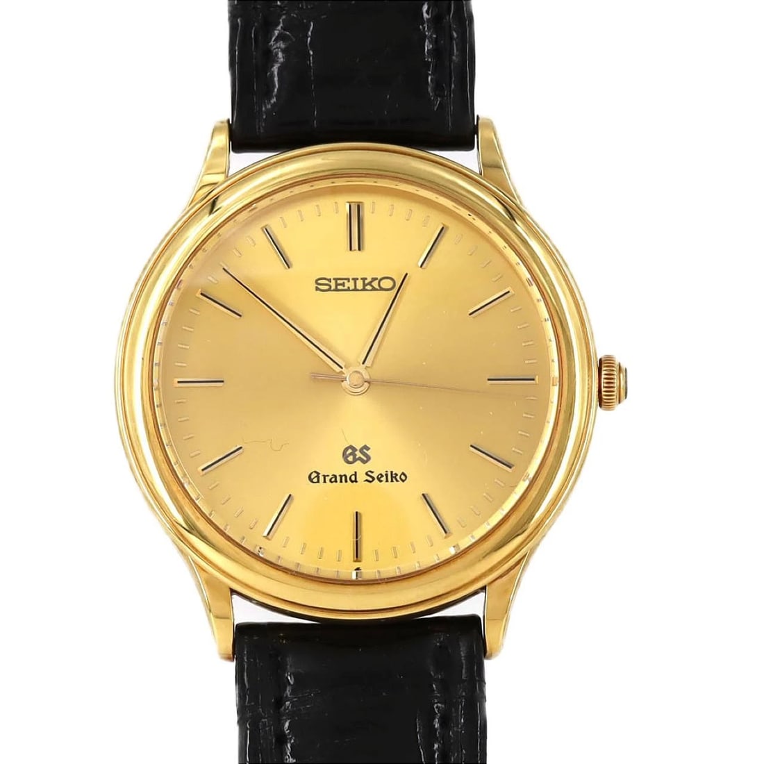 SEIKO GRAND QUARTZ YG WATCH: Seiko Grand Quartz YG Watch Brand: SEIKO Type: Wrist watch Material: Case: Yellow gold Bracelet: Strap Color: Dial Color: Gold Band Color: Black Size: Case diameter: Approx. 33.5mm Accessories: None