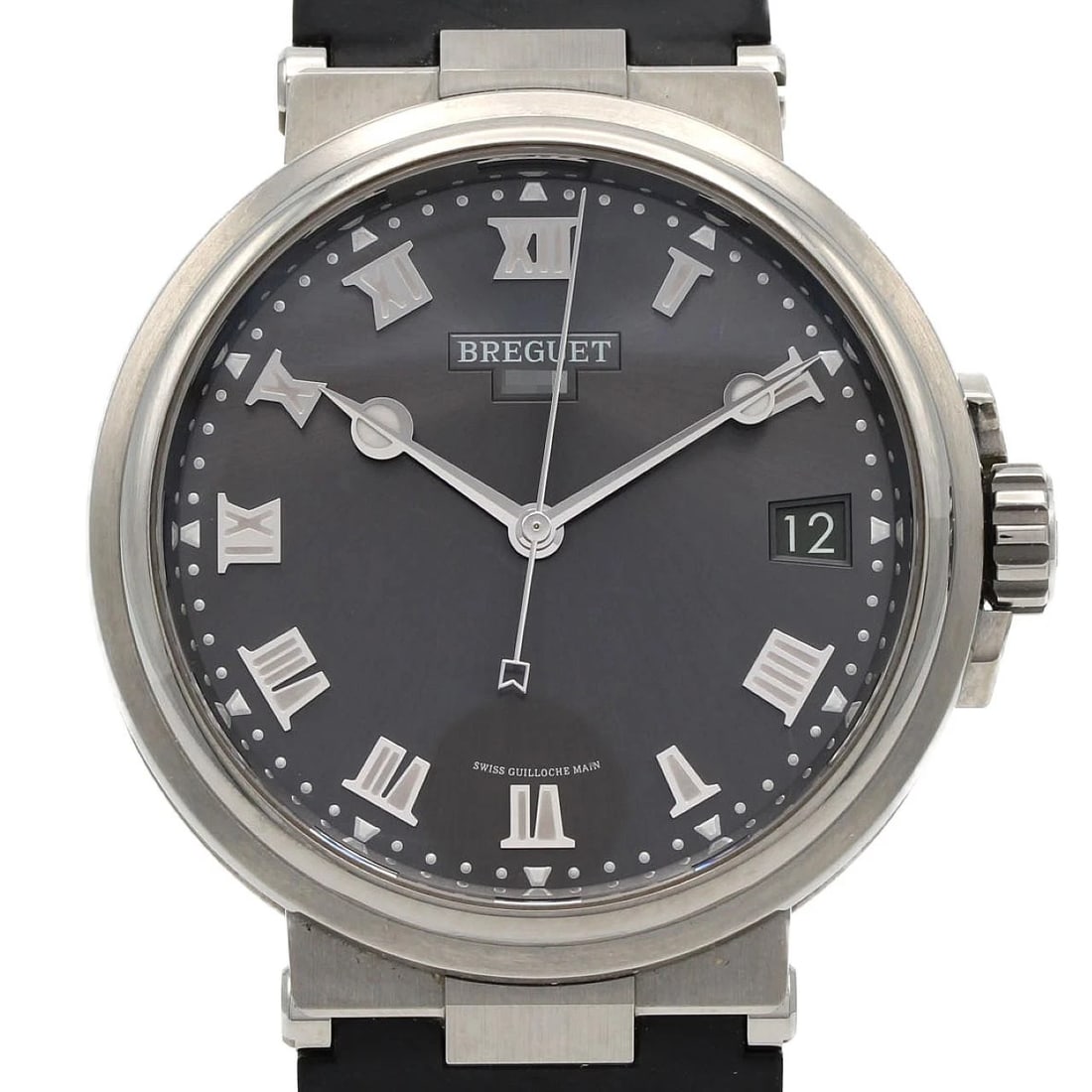 BREGUET MARINE WATCH: Breguet Marine Watch Brand: Breguet Type: Wrist watch Material: Case: Titanium Bracelet: Rubber Color: Dial Color: Gray/Roman Band Color: Black Size: Case diameter: Approx. 40mm Accessories: None