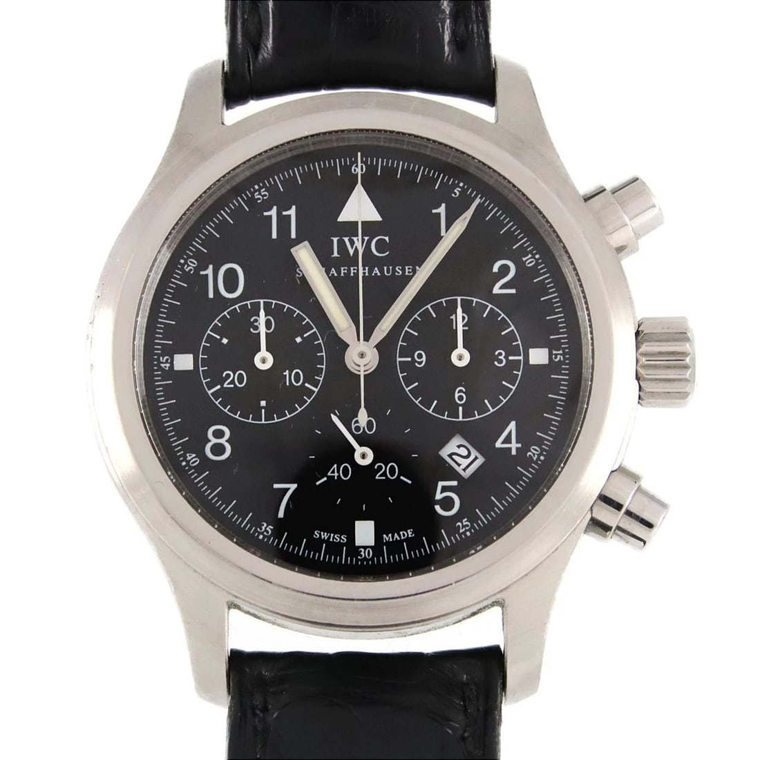 IWC MECHANICAL FLIEGER CHRONO WATCH: IWC Mechanical Flieger Chrono Watch Brand: IWC Type: Wrist watch Material: Case: Stainless Steel Bracelet: Strap Color: Dial Color: Black/Arabic Band Color: Black Size: Case diameter: Approx. 36mm