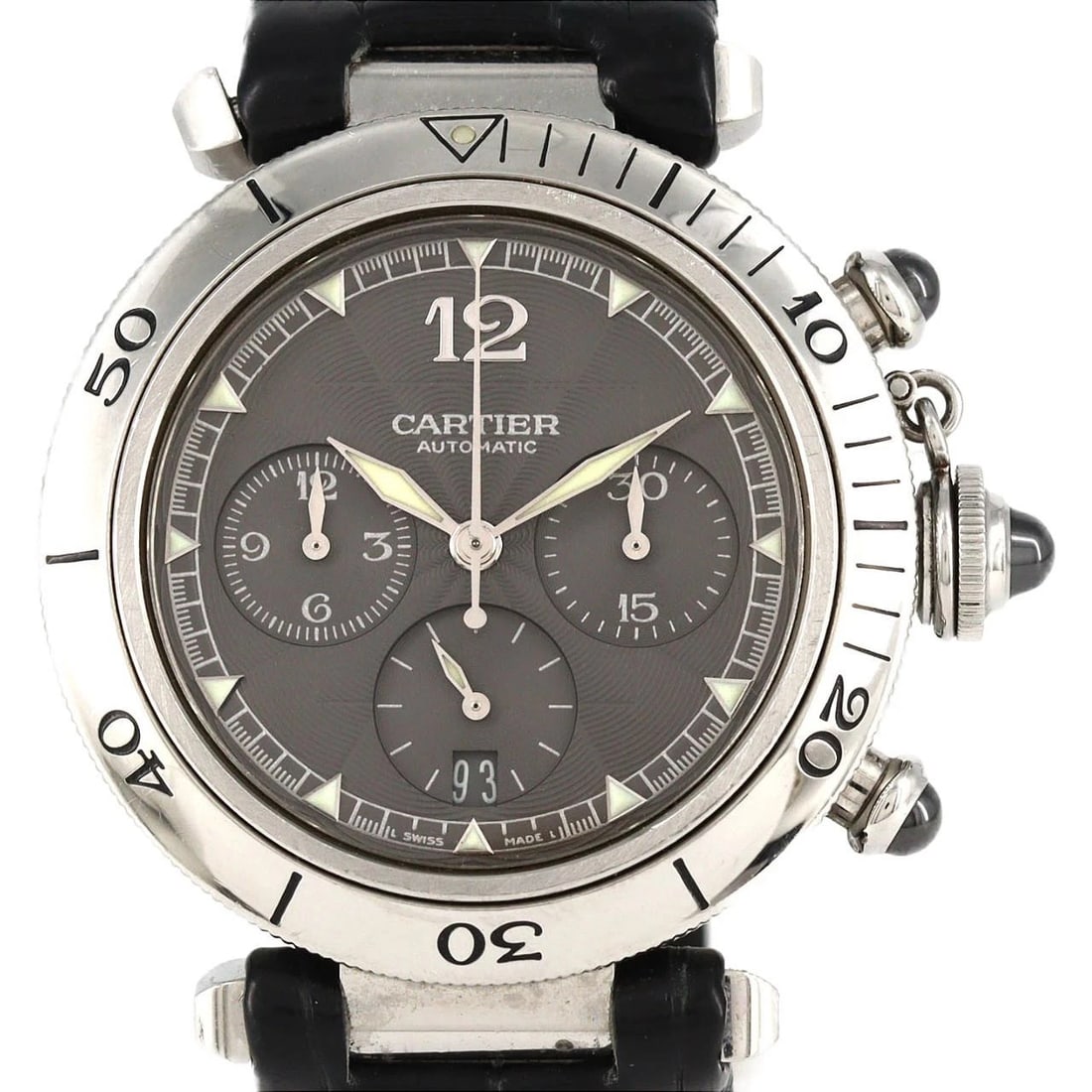 CARTIER PASHA CHRONO STAINLESS WATCH: Cartier Pasha Chrono Stainless Watch Brand: CARTIER Type: Wrist watch Material: Case: Stainless Steel Bracelet: Strap Color: Dial Color: Gray Band color: Black Size: Case diameter: Approx. 38mm Ac