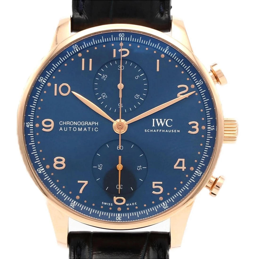 IWC PORTUGIESER CHRONOGRAPH MECHANICAL AUTOMATIC WATCH: IWC Portugieser Chronograph Mechanical Automatic Watch Brand: IWC Type: Wrist watch Material: Case: Pink gold/rose gold Bracelet: Strap Color: Dial Color: Blue/Arabic Band Color: Black Size: Case