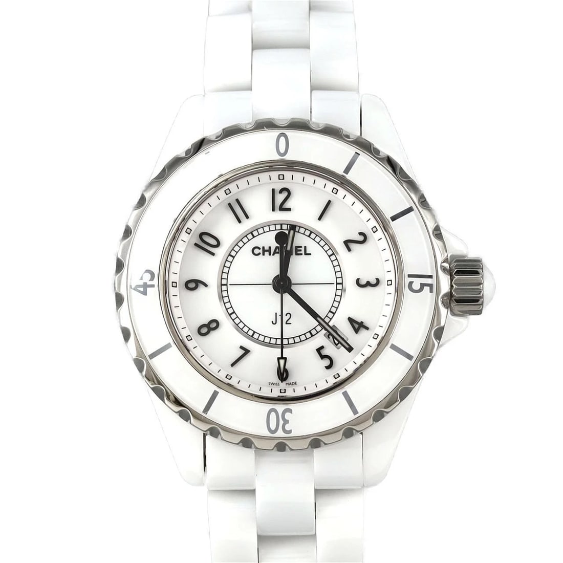 CHANEL J12 CERAMIC QUARTZ WATCH: Chanel J12 Ceramic Quartz Watch Brand: CHANEL Type: Wrist watch Material: Case: Ceramic Bracelet: Ceramic Color: Dial color White/Arabic Size: Case diameter: Approx. 33 mm Max wrist circumference: 16.
