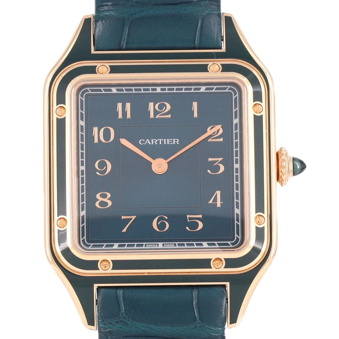 CARTIER SANTOS-DUMONT PG/RG WATCH: Cartier Santos-Dumont PG/RG Watch Brand: CARTIER Type: Wrist watch Material: Case: Pink gold/rose gold Bracelet: Strap Color: Dial Color: Blue/Arabic Band Color: Blue Size: Case diameter: 31x43.5mm