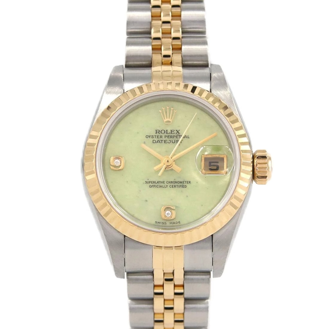 ROLEX DATEJUST STAINLESS STEEL YELLOW GOLD WATCH: Rolex Datejust Stainless Steel Yellow Gold Watch Brand: ROLEX Type: Wrist watch Material: Case: Stainless steel x yellow gold Bracelet: Stainless steel x yellow gold Color: Dial Color: Green jade/diam