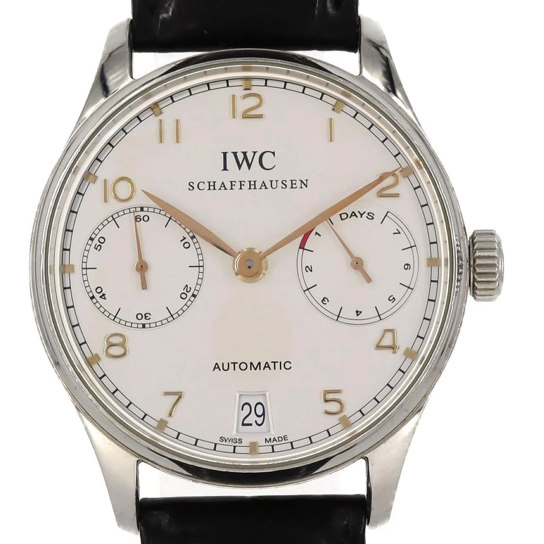 IWC PORTUGIESER AUTOMATIC STAINLESS WATCH: IWC Portugieser Automatic Stainless Watch Brand: IWC Type: Wrist watch Material: Case: Stainless Steel Breath: Stainless Steel Color: Dial color black Size: Case diameter: Approx. 40 mm Max wrist circ