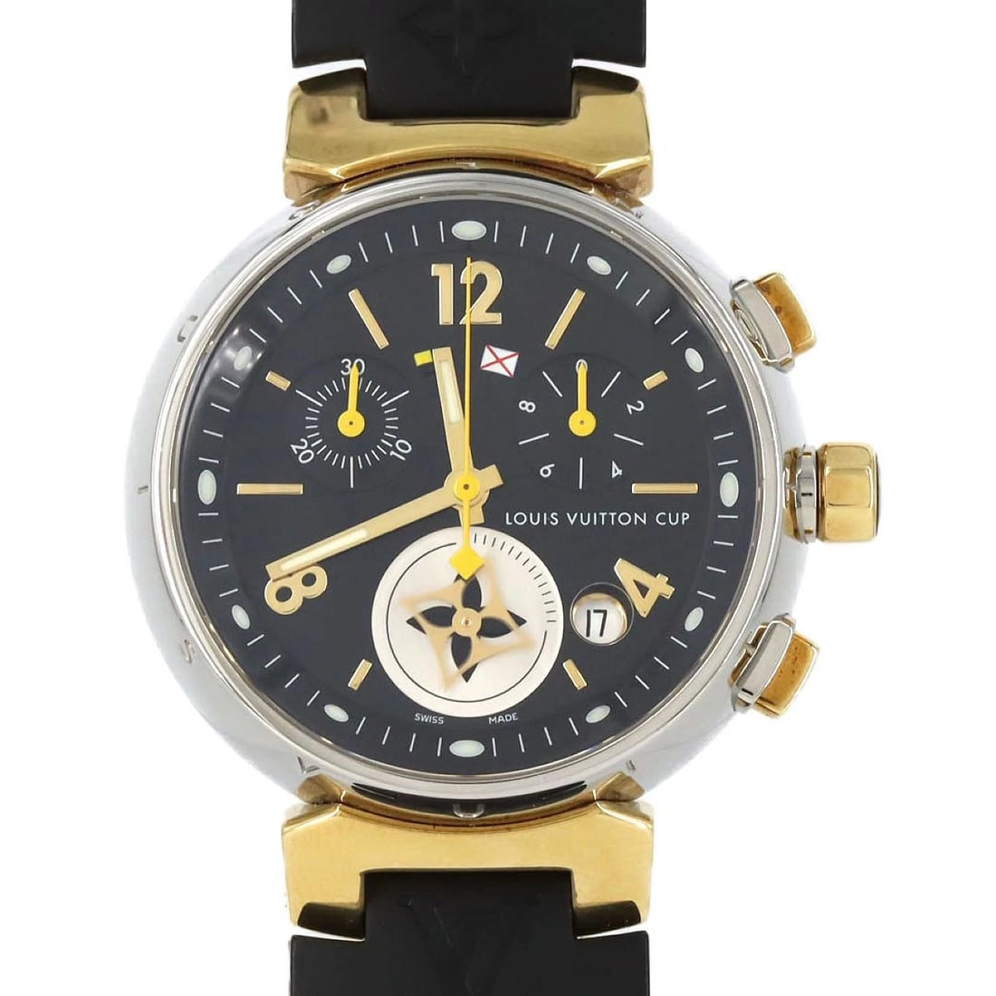LOUIS VUITTON TAMBOUR CHRONOGRAPH SSXGP QUARTZ WATCH: Louis Vuitton Tambour Chronograph SSxGP Quartz Watch Brand: LOUIS VUITTON Type: Wrist watch Material: Case: Stainless steel x gold plated Bracelet: Rubber Color: Dial Color: Black Band Color: Black Si