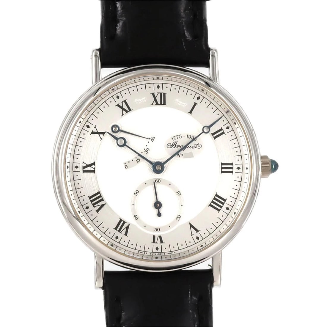 BREGUET CLASSIC POWER RESERVE WATCH: Breguet Classic Power Reserve Watch Brand: Breguet Type: Wrist watch Material: Case: White gold Bracelet: Strap Color: Dial Color: Silver/Roman Band Color: Black Size: Case diameter: Approx. 34.5mm