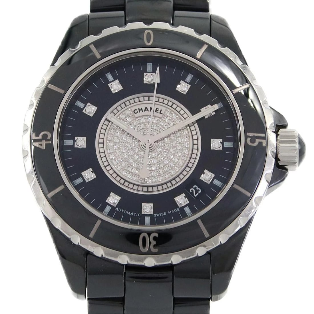 CHANEL J12 CERAMIC CENTER WATCH: Chanel J12 Ceramic Center Watch Brand: CHANEL Type: Wrist watch Material: Case: Ceramic Bracelet: Ceramic Color: Dial Color: Black/Diamond Size: Case diameter: Approx. 38mm Max wrist circumference: