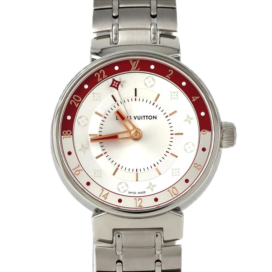 LOUIS VUITTON TAMBOUR MOON DUAL TIME STAINLESS STEEL QUARTZ WATCH: Louis Vuitton Tambour Moon Dual Time Stainless Steel Quartz Watch Brand: LOUIS VUITTON Type: Wrist watch Material: Case: Stainless Steel Breath: Stainless Steel Color: Dial color silver Size: Case