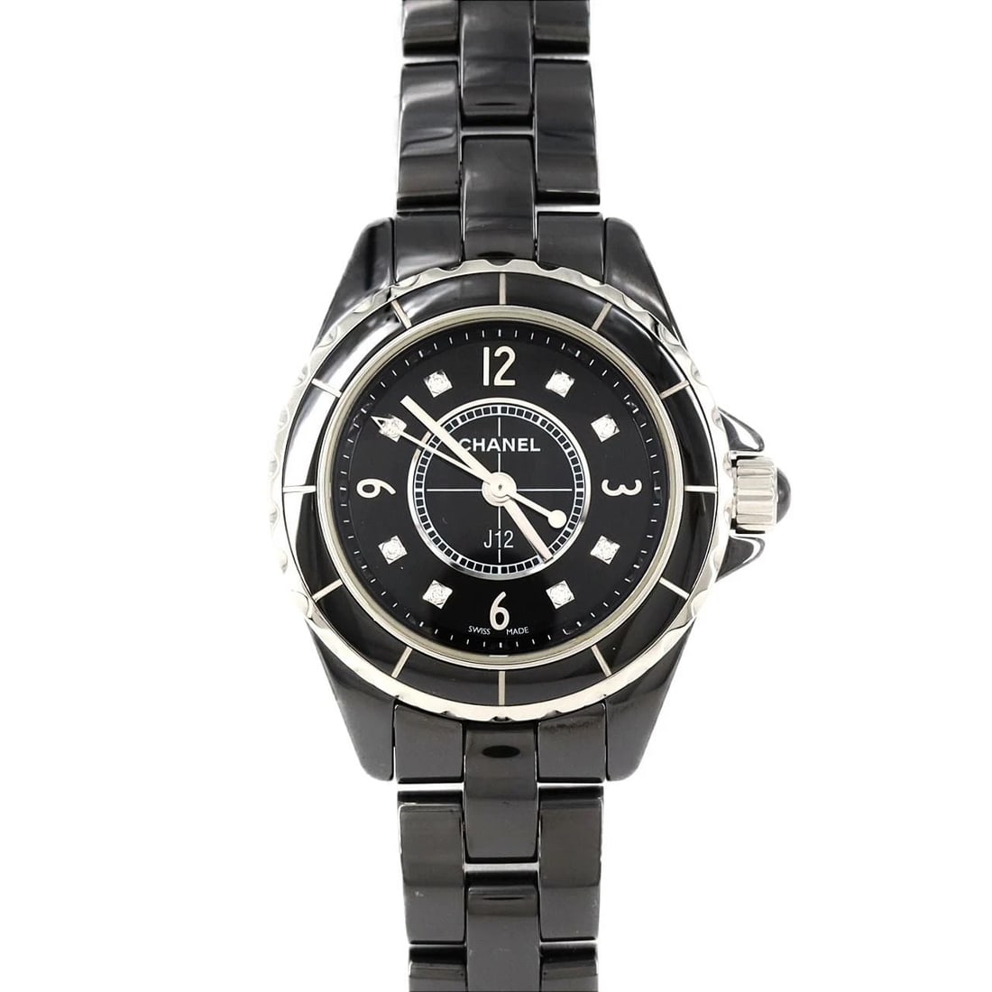 CHANEL J12 CERAMIC QUARTZ WATCH: Chanel J12 Ceramic Quartz Watch Brand: CHANEL Type: Wrist watch Material: Case: Ceramic Bracelet: Ceramic Color: Dial Color: Black/Diamond Size: Case diameter: Approx. 29 mm Max wrist circumference: