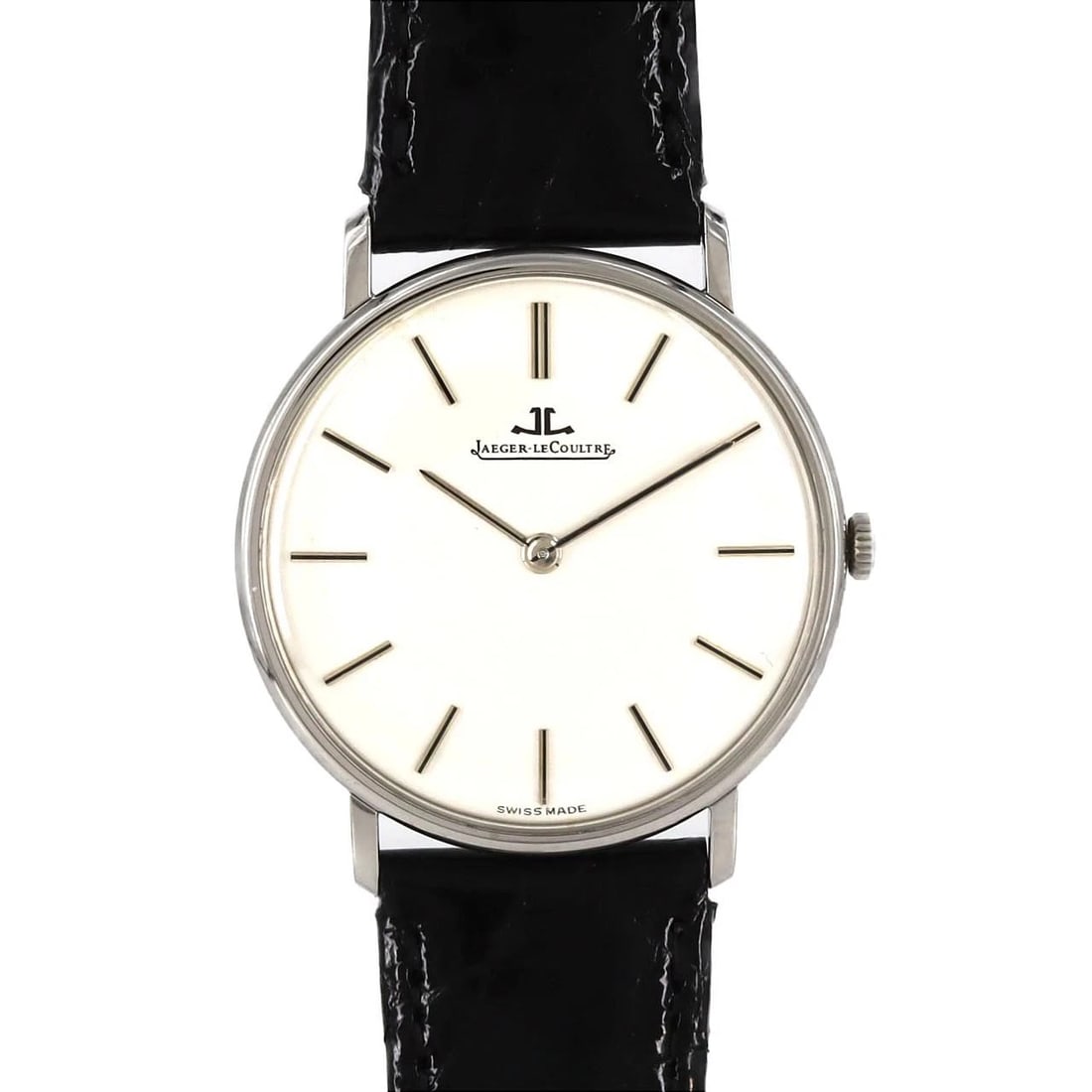 JAEGER-LECOULTRE STAINLESS STEEL WATCH: Jaeger-LeCoultre Stainless Steel Watch Brand: JAEGER-LECOULTRE Type: Wrist watch Material: Case: Stainless Steel Bracelet: Strap Color: Dial Color: Silver Band Color: Black Size: Case diameter: Approx