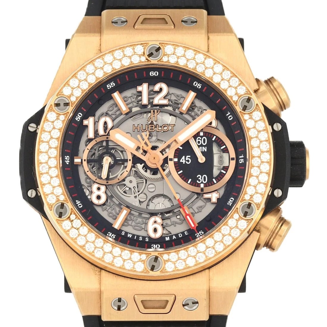 HUBLOT BIG BANG UNICO KING GOLD DIAMOND WATCH: Hublot Big Bang Unico King Gold Diamond Watch Brand: HUBLOT Type: Wrist watch Material: Case: Pink gold/rose gold Bracelet: Rubber Color: Dial Color: Skeleton Band Color: Black Size: Case diameter: