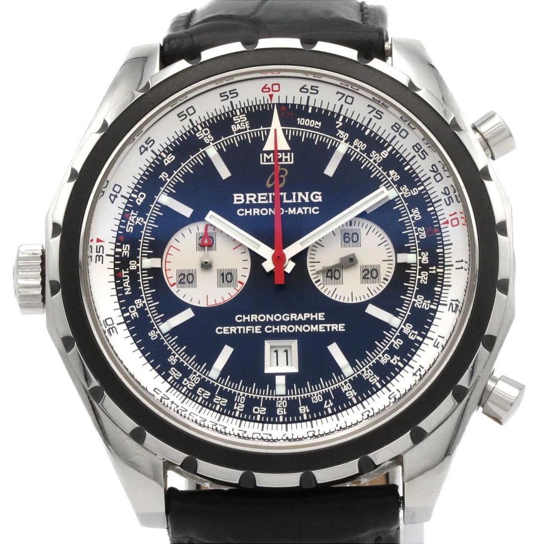BREITLING CHRONOMATIC WATCH: Breitling Chronomatic Watch Brand: BREITLING Type: Wrist watch Material: Case: Stainless Steel Bracelet: Strap Color: Dial Color: Black, Silver Band Color: Black Size: Case diameter: Approx. 44mm