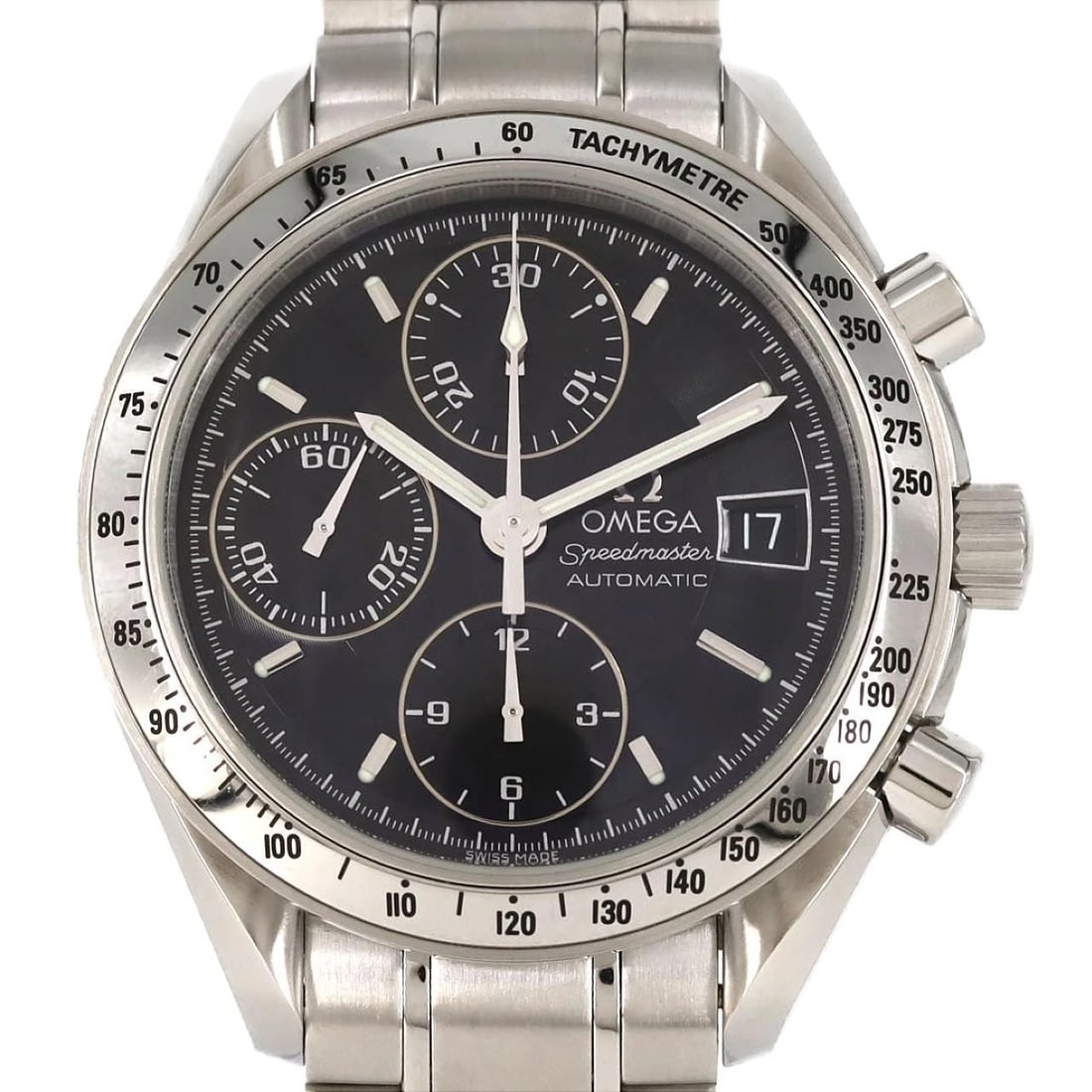 OMEGA SPEEDMASTER DATE STAINLESS STEEL MECHANICAL AUTOMATIC WATCH: Omega Speedmaster Date Stainless Steel Mechanical AutomatiC Watch Brand: OMEGA Type: Wrist watch Material: Case: Stainless Steel Breath: Stainless Steel Color: Dial color black Size: Case diameter: