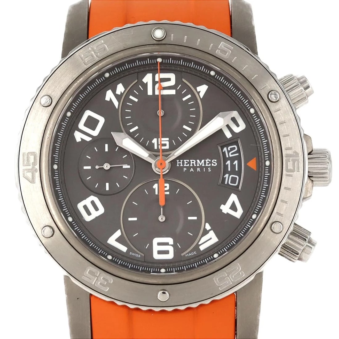 HERMES CLIPPER DIVER CHRONO MECHANIC WATCH: Hermes Clipper Diver Chrono Mechanic Watch Brand: HERMES Type: Wrist watch Material: Case: Stainless Steel Bracelet: Strap Color: Dial Color: Dark gray/Arabic numerals Band color: Orange Size: Case
