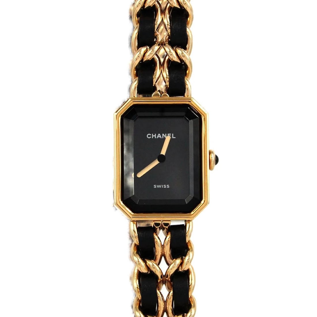 CHANEL PREMIÈRE WATCH GOLD PLATED QUARTZ WATCH: Chanel Première Watch Gold Plated Quartz Watch Brand: CHANEL Type: Wrist watch Material: Case: Gold plated Bracelet: Strap Color: Dial Color: Black Band Color: Black Size: Case diameter: 20x26mm A
