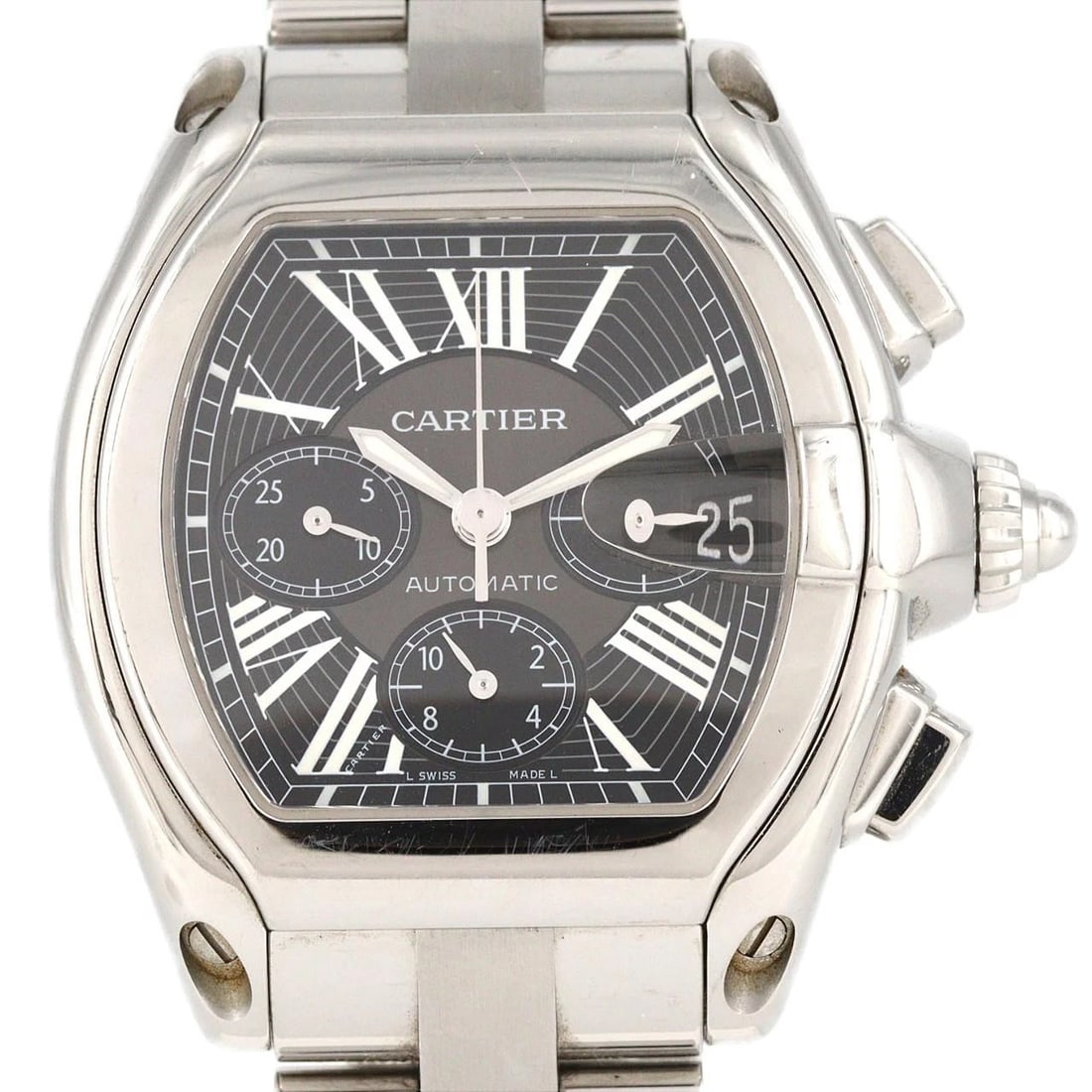 CARTIER ROADSTER CHRONOGRAPH WATCH: Cartier Roadster Chronograph Watch Brand: CARTIER Type: Wrist watch Material: Case: Stainless Steel Breath: Stainless Steel Color: Dial Color: Black/Roman Size: Case diameter: Approx. 40x47.5mm Wrist