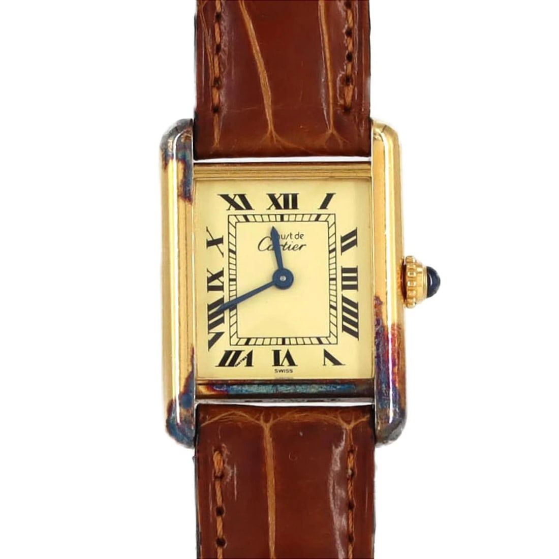 CARTIER MUST TANK SM GOLD PLATED WATCH: Cartier Must Tank SM Gold Plated Watch Brand: CARTIER Type: Wrist watch Material: Case: Gold plated Bracelet: Strap Color: Dial Color: Ivory/Roman Band Color: Brown Size: Case diameter: 20.5 x 28