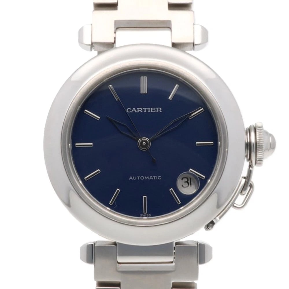 CARTIER PASHA WATCHES STAINLESS STEEL WATCH: CARTIER Pasha Watches Stainless Steel Watch Brand: CARTIER Type: Wristwatch Material: Case : Stainless Steel Band : Stainless Steel Color: Silver / blue Size: Case Diameter:35.0mm Band Length:7.3inch 