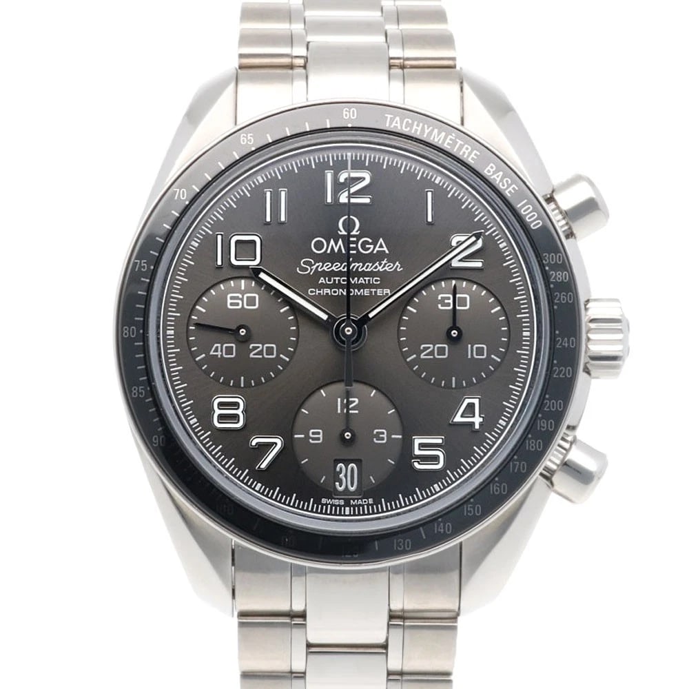OMEGA SPEEDMASTER WATCHES STAINLESS STEEL WATCH: OMEGA Speedmaster Watches Stainless Steel Watch Brand: OMEGA Type: Wristwatch Material: Case : Stainless Steel Band : Stainless Steel Color: Silver / gray Size: Case Diameter:38.0mm Band Length:6.3inc