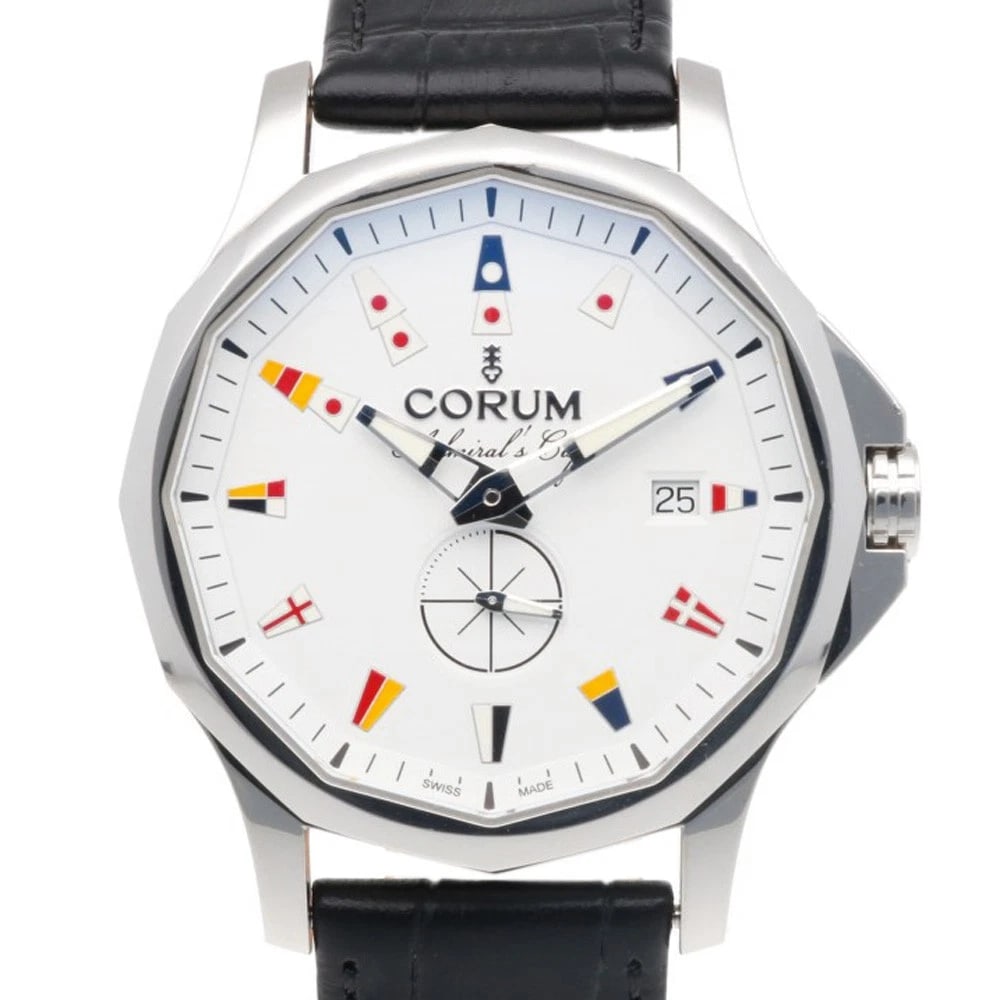 CORUM ADMIRALS CUP WATCHES STAINLESS STEEL WATCH: CORUM Admirals cup Watches Stainless Steel Watch Brand: CORUM Type: Wristwatch Material: Case : Stainless Steel Band : leather Color: Silver / white x black Size: Case Diameter:41.5mm Band Length:6.7i