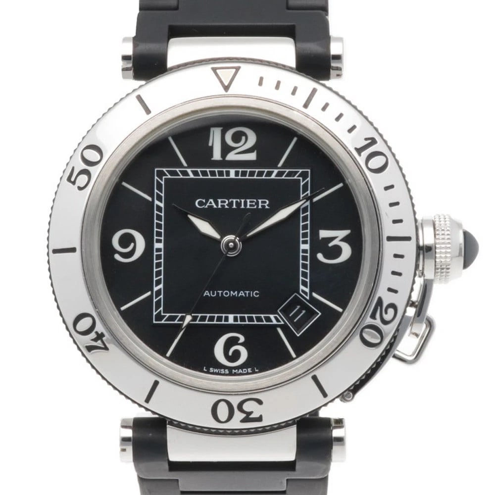 CARTIER PACHA SEA TIMER WATCHES STAINLESS STEEL WATCH: CARTIER Pacha Sea timer Watches Stainless Steel Watch Brand: CARTIER Type: Wristwatch Material: Case : Stainless Steel Band : rubber Color: Silver / black Size: Case Diameter:40.0mm Band Length:6.5inc