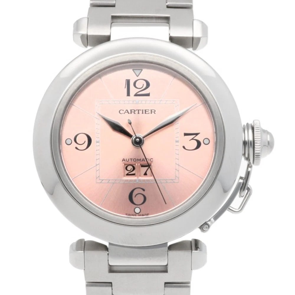 CARTIER PASHA BIG DATE WATCHES STAINLESS STEEL WATCH: CARTIER Pasha Big Date Watches Stainless Steel Watch Brand: CARTIER Type: Wristwatch Material: Case : Stainless Steel Band : Stainless Steel Color: Silver / pink Size: Case Diameter:35.5mm Band Length