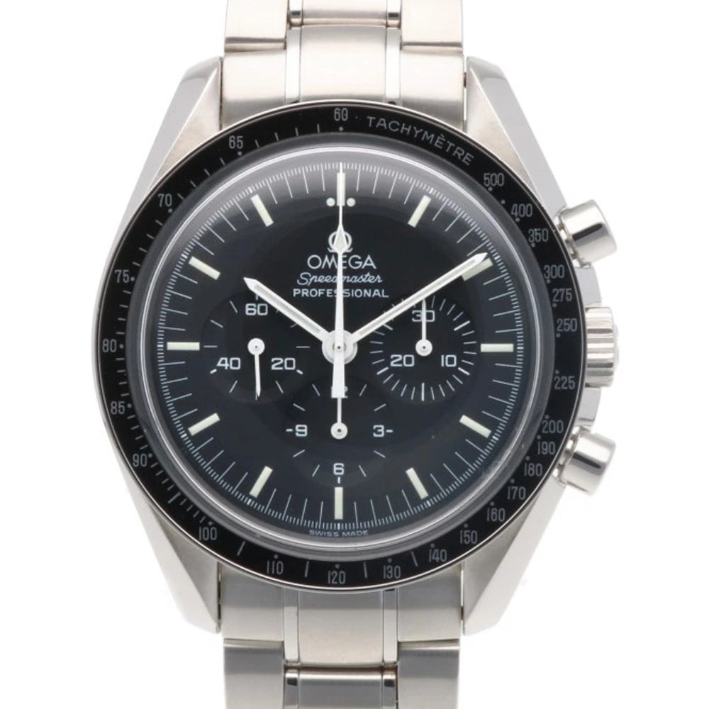 OMEGA SPEEDMASTER WATCHES STAINLESS STEEL WATCH: OMEGA Speedmaster Watches Stainless Steel Watch Brand: OMEGA Type: Wristwatch Material: Case : Stainless Steel Band : Stainless Steel Color: Silver / black Size: Case Diameter:40.0mm Band Length:8.3in