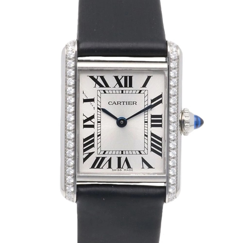 CARTIER TANK MAST WATCHES STAINLESS STEEL DIAMOND BEZEL WATCH: CARTIER tank mast Watches Stainless Steel Diamond Bezel Watch Brand: CARTIER Type: Wristwatch Material: Case : Stainless Steel Band : leather Color: Silver / black Size: Case:W0.8inch x H1.1inch/ W21.