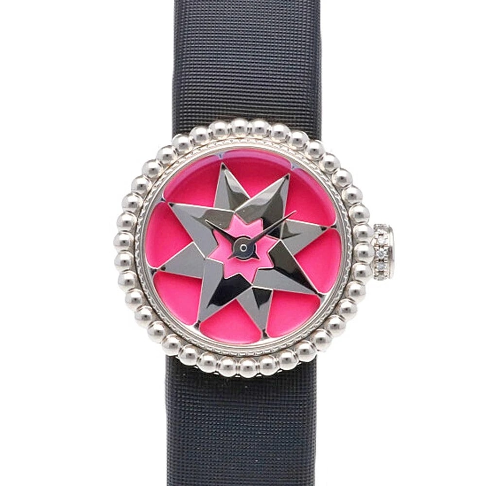 CHRISTIAN DIOR LA MINI WATCHES STAINLESS STEEL WATCH: Christian Dior La Mini Watches Stainless Steel Watch Brand: Christian Dior Type: Wristwatch Material: Case : Stainless Steel Band : Satin Color: Silver / pink x black Size: Case Diameter:19.0mm Band L