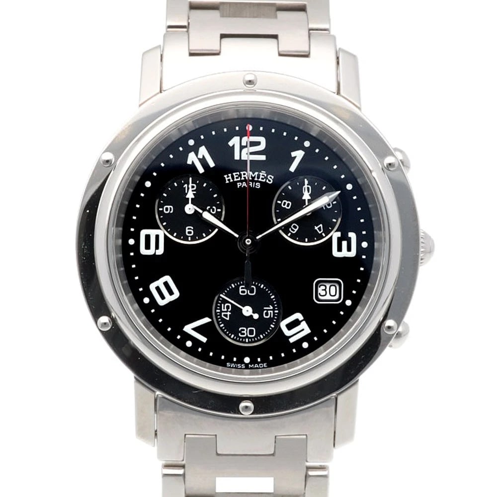 HERMES CLIPPER WATCHES STAINLESS STEEL CHRONOGRAPH WATCH: HERMES Clipper Watches Stainless Steel Chronograph Watch Brand: HERMES Type: Wristwatch Material: Case : Stainless Steel Band : Stainless Steel Color: Silver / black Size: Case Diameter:38.0mm Band Le