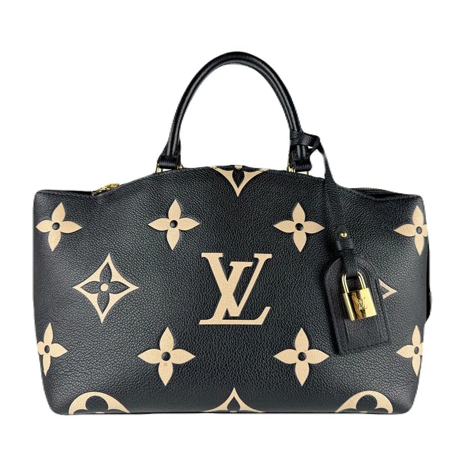 LOUIS VUITTON EMPREINTE PETIT PALAIS PM HANDBAG: LOUIS VUITTON Empreinte Petit Palais PM Handbag Brand: LOUIS VUITTON Type: Handbag Material: Monogram Empreinte Leather Color: Black / Beige Size: W:11.4inx H:8.3inx D:4.7in Handle Length:11.0in